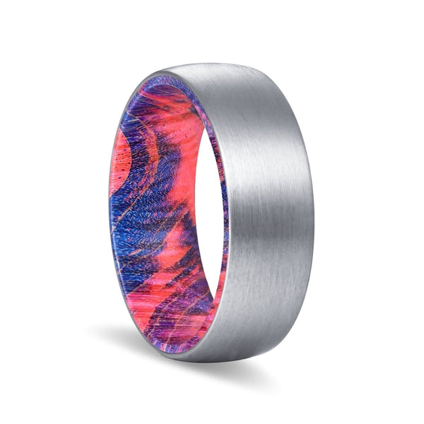 BLUESOX | Blue and Red Wood, Silver Tungsten Ring, Brushed, Domed - Rings - Aydins Jewelry - 1