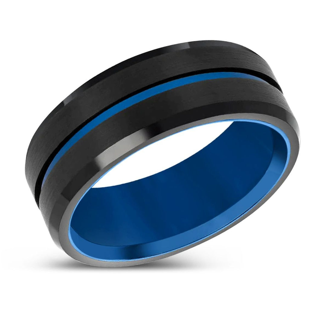 BLUEWAVE - Blue Tungsten Ring, Black Brushed, Blue Grooved Center - Rings - Aydins Jewelry - 2