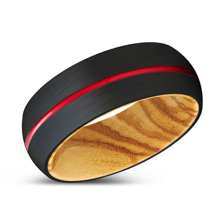 BLUSTER | Olive Wood, Black Tungsten Ring, Red Groove, Domed - Rings - Aydins Jewelry