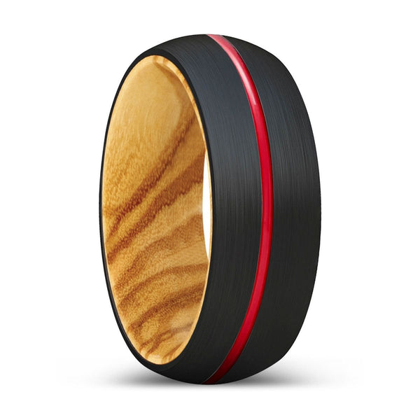 BLUSTER | Olive Wood, Black Tungsten Ring, Red Groove, Domed - Rings - Aydins Jewelry - 1