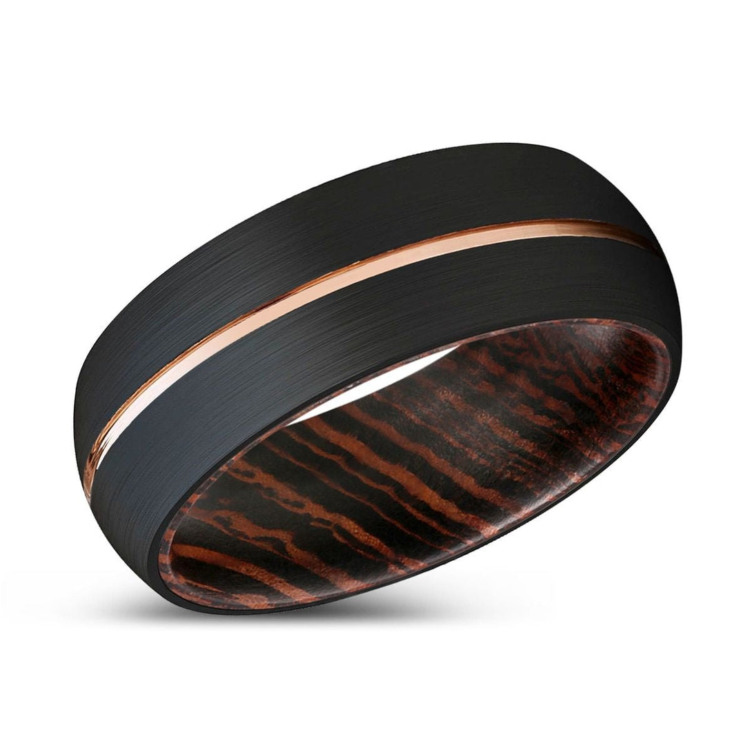 BOAR | Wenge Wood, Black Tungsten Ring, Rose Gold Groove, Domed - Rings - Aydins Jewelry - 2