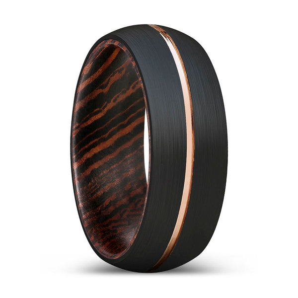 BOAR | Wenge Wood, Black Tungsten Ring, Rose Gold Groove, Domed - Rings - Aydins Jewelry - 1