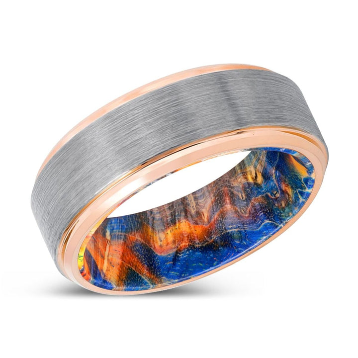 BOBCAT | Blue & Yellow/Orange Wood, Silver Tungsten Ring, Brushed, Rose Gold Stepped Edge - Rings - Aydins Jewelry - 2