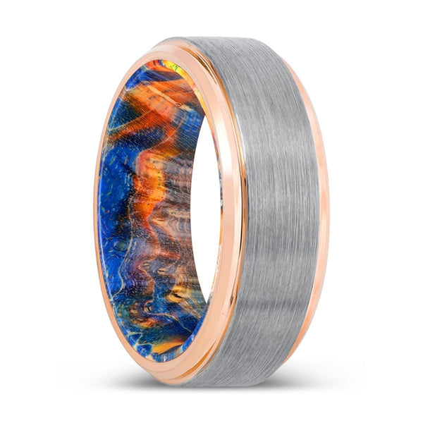 BOBCAT | Blue & Yellow/Orange Wood, Silver Tungsten Ring, Brushed, Rose Gold Stepped Edge - Rings - Aydins Jewelry - 1