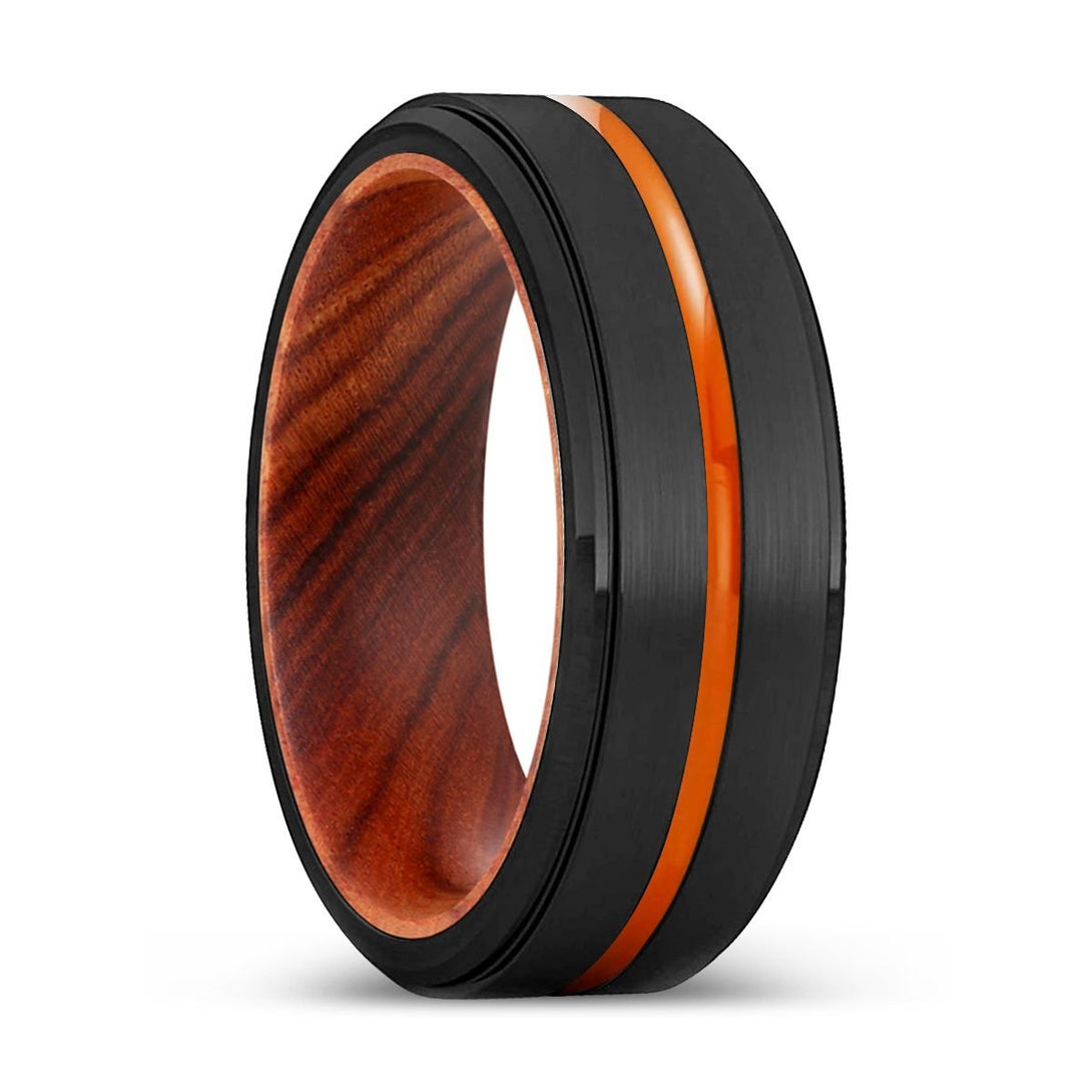 BOISE | IRON Wood, Black Tungsten Ring, Orange Groove, Stepped Edge - Rings - Aydins Jewelry - 1