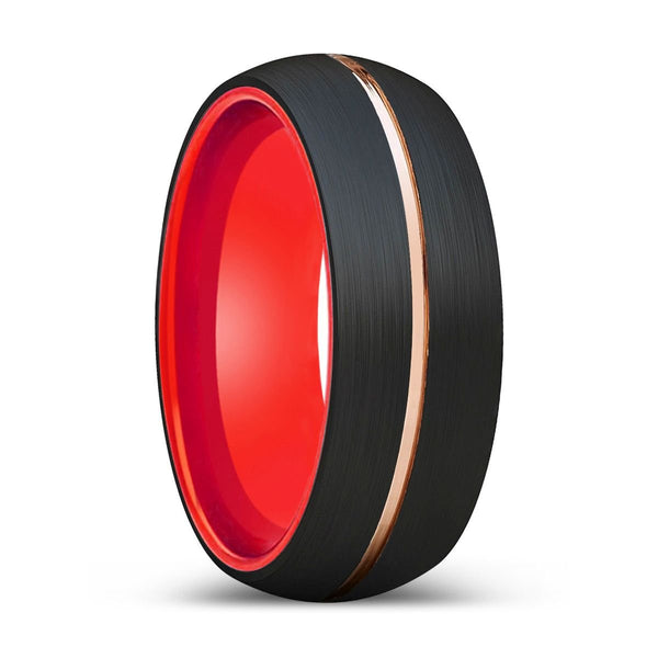 BOLD | Red Ring, Black Tungsten Ring, Rose Gold Groove, Domed