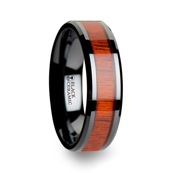 BOSULU | Black Ceramic Ring, Real Padauk Wood Inlay, Beveled - Rings - Aydins Jewelry - 1
