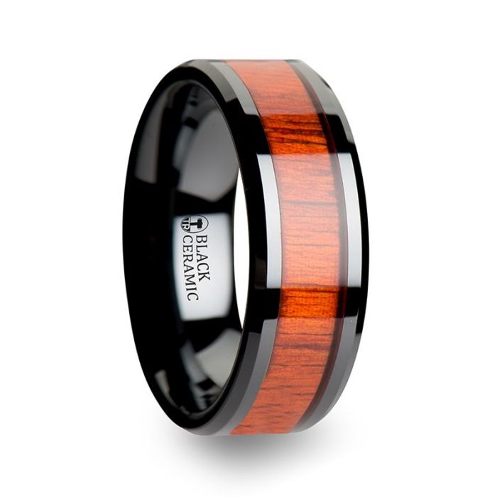 BOSULU | Black Ceramic Ring, Real Padauk Wood Inlay, Beveled - Rings - Aydins Jewelry - 3
