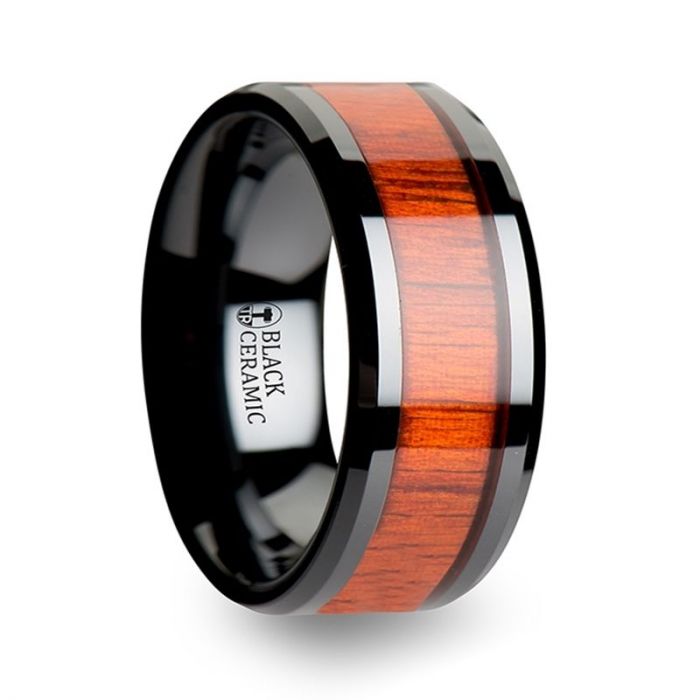 BOSULU | Black Ceramic Ring, Real Padauk Wood Inlay, Beveled - Rings - Aydins Jewelry - 5