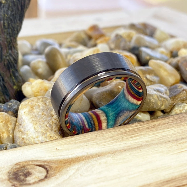 BOW | Multi Color Wood, Gunmetal Tungsten Offset Groove - Rings - Aydins Jewelry - 3