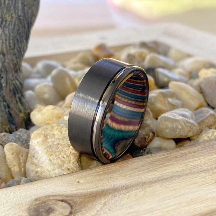 BOW | Multi Color Wood, Gunmetal Tungsten Offset Groove - Rings - Aydins Jewelry - 4