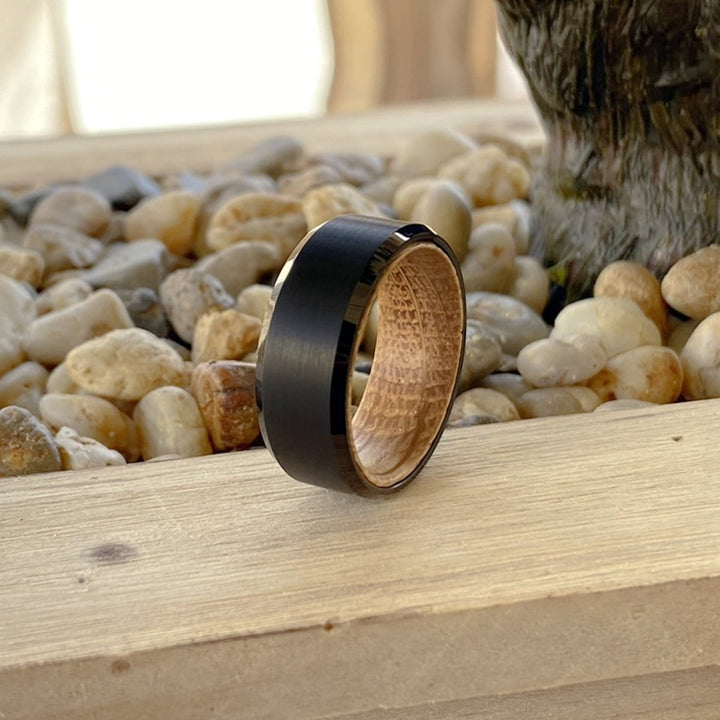 BOWMAN | Whiskey Barrel Wood, Black Tungsten Ring, Brushed, Beveled - Rings - Aydins Jewelry - 6