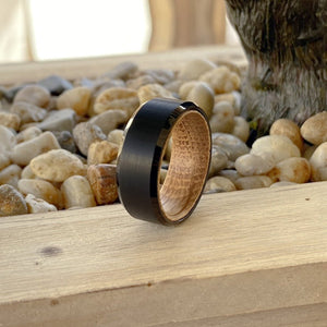 BOWMAN | Whiskey Barrel Wood, Black Tungsten Ring, Brushed, Beveled - Rings - Aydins Jewelry - 6