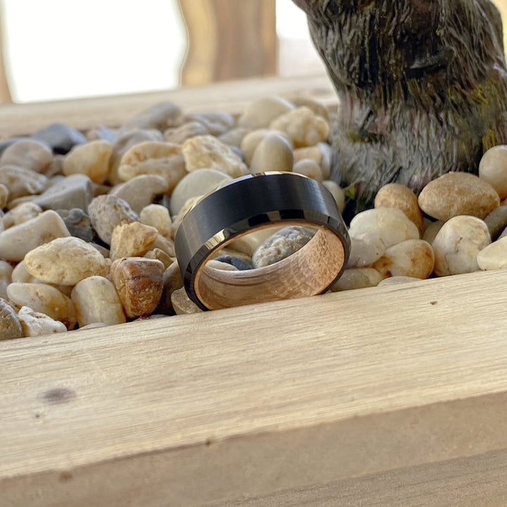 BOWMAN | Whiskey Barrel Wood, Black Tungsten Ring, Brushed, Beveled - Rings - Aydins Jewelry - 7