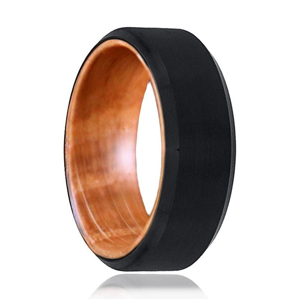 BOWMAN | Whiskey Barrel Wood, Black Tungsten Ring, Brushed, Beveled - Rings - Aydins Jewelry
