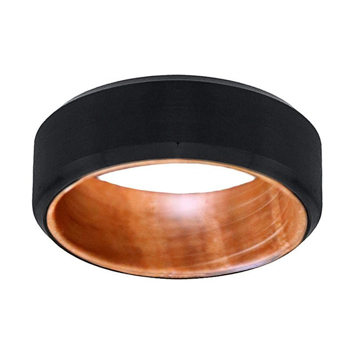 BOWMAN | Whiskey Barrel Wood, Black Tungsten Ring, Brushed, Beveled - Rings - Aydins Jewelry - 2