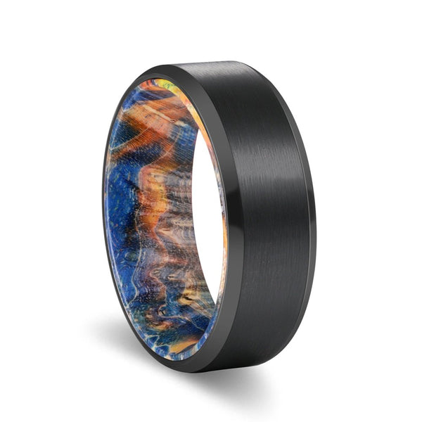 BRADLEY | Blue & Yellow/Orange Wood, Black Tungsten Ring, Brushed, Beveled - Rings - Aydins Jewelry - 1