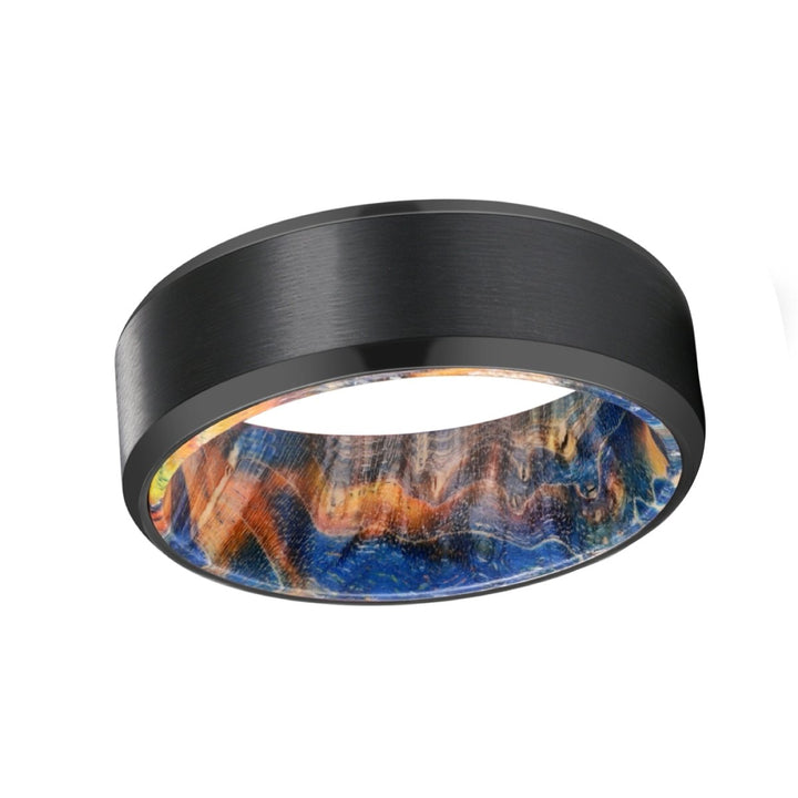 BRADLEY | Blue & Yellow/Orange Wood, Black Tungsten Ring, Brushed, Beveled - Rings - Aydins Jewelry - 2
