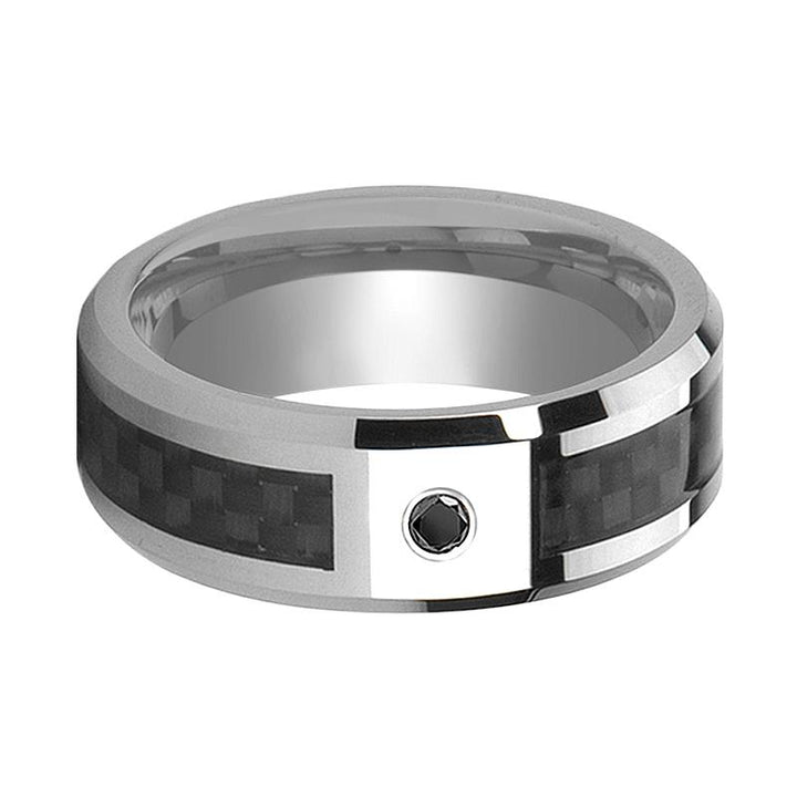 BRAHMA | Silver Tungsten Ring, Black Carbon Fiber, Black Diamond, Beveled - Rings - Aydins Jewelry - 2