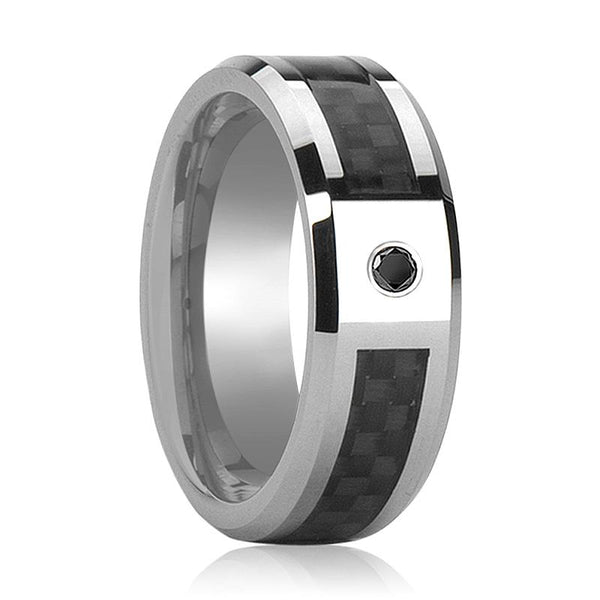 BRAHMA | Silver Tungsten Ring, Black Carbon Fiber, Black Diamond, Beveled