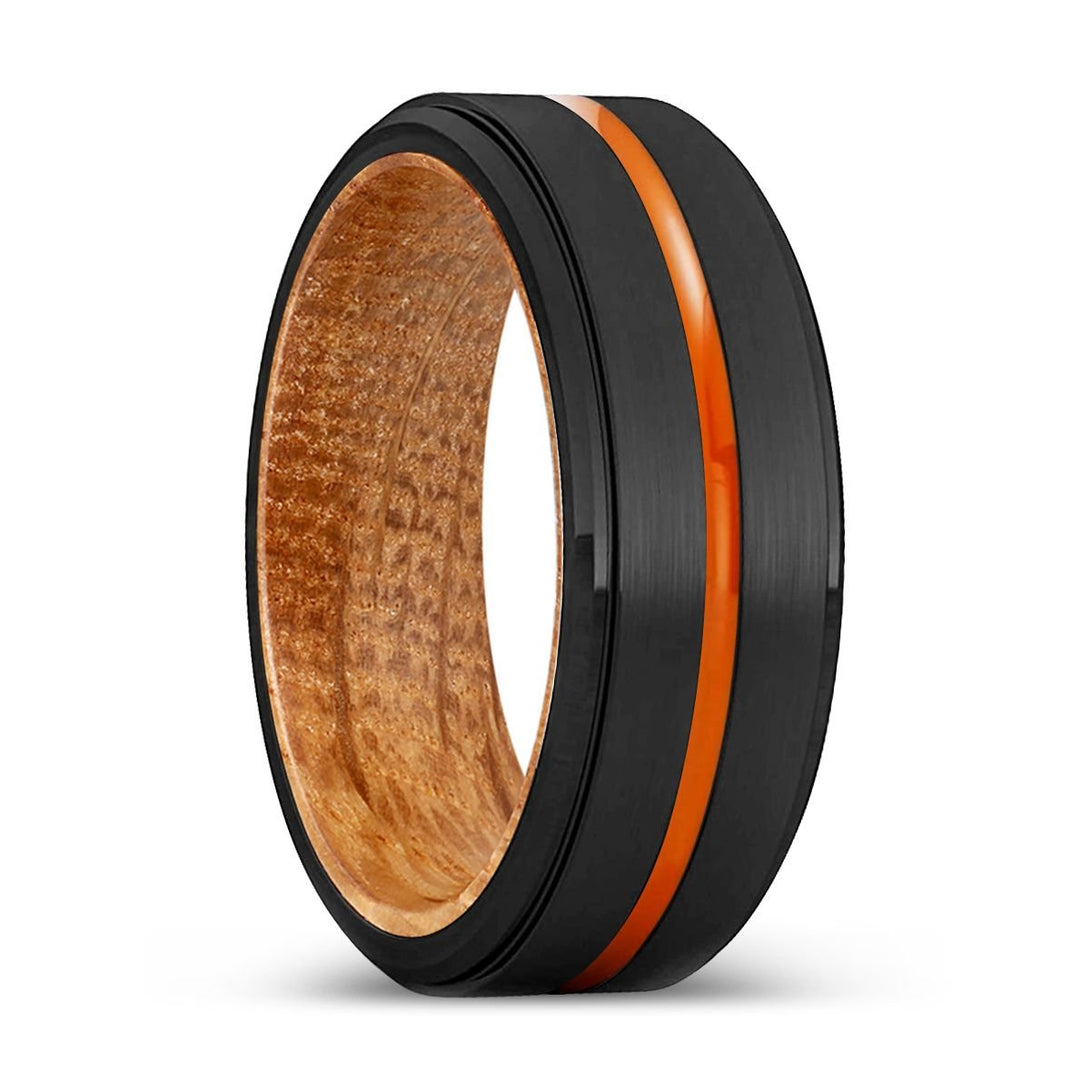 BRAMPTON | Whiskey Barrel Wood, Black Tungsten Ring, Orange Groove, Stepped Edge - Rings - Aydins Jewelry - 1