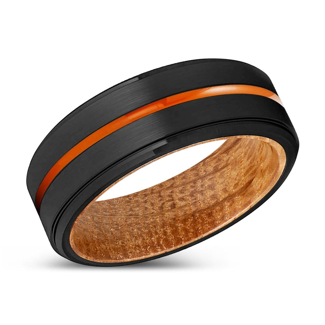 BRAMPTON | Whiskey Barrel Wood, Black Tungsten Ring, Orange Groove, Stepped Edge - Rings - Aydins Jewelry - 2