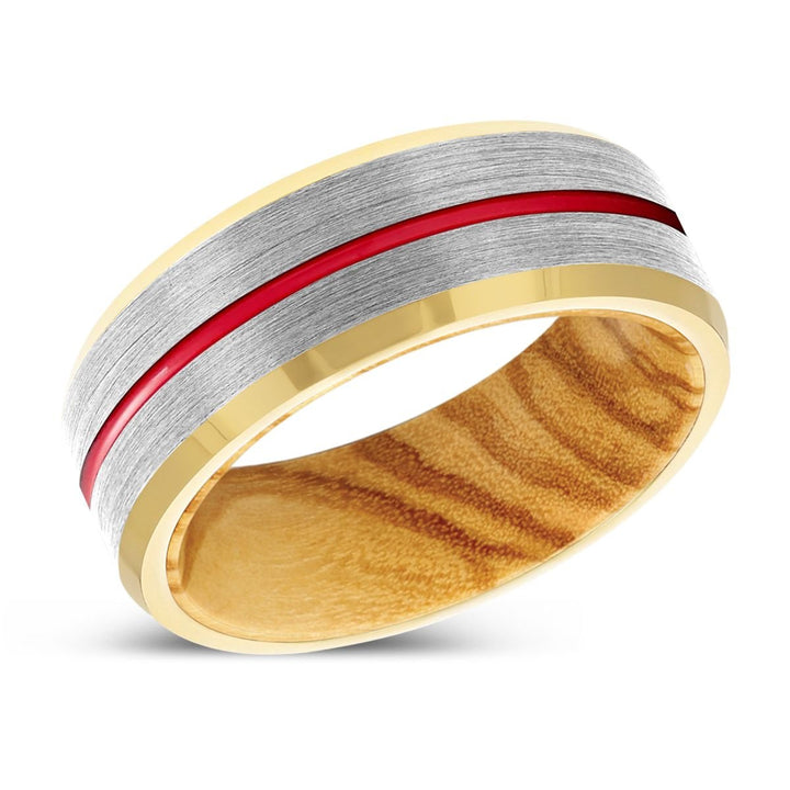 BRASH | Olive Wood, Silver Tungsten Ring, Red Groove, Gold Beveled Edge - Rings - Aydins Jewelry - 2