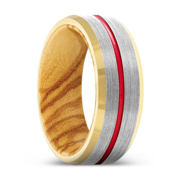 BRASH | Olive Wood, Silver Tungsten Ring, Red Groove, Gold Beveled Edge - Rings - Aydins Jewelry - 1