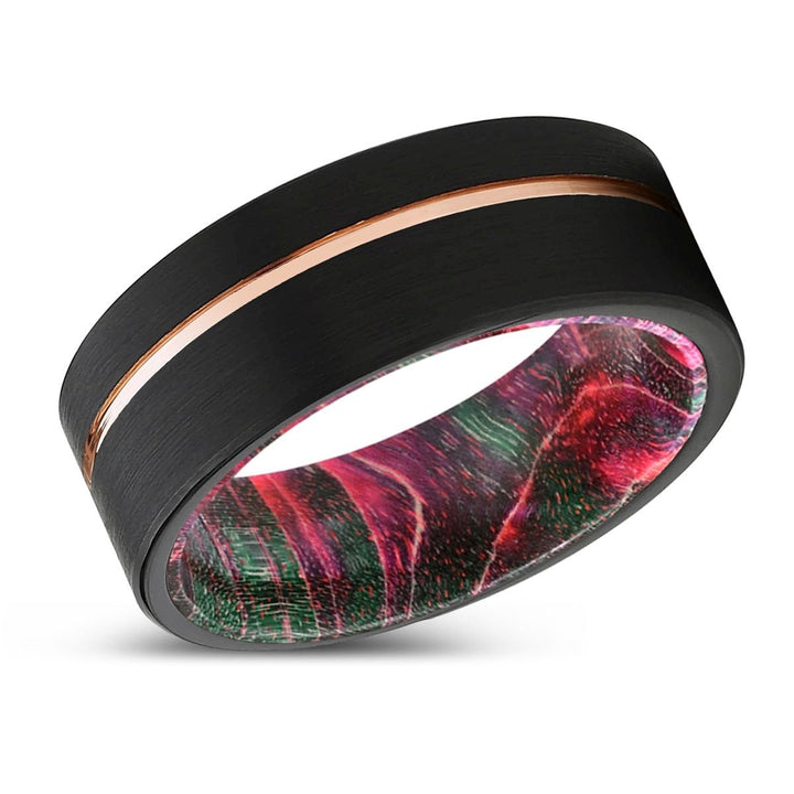 BRAWN | Green & Red Wood, Black Tungsten Ring, Rose Gold Offset Groove, Brushed, Flat - Rings - Aydins Jewelry - 2