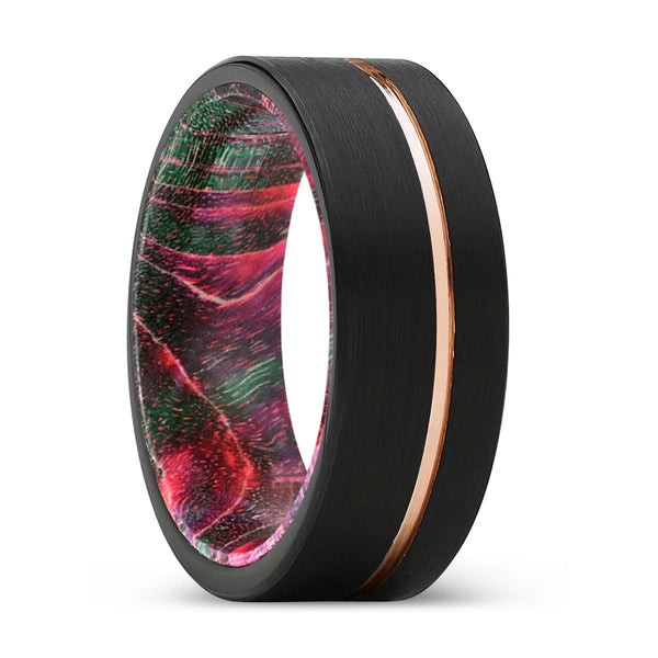 BRAWN | Green & Red Wood, Black Tungsten Ring, Rose Gold Offset Groove, Brushed, Flat - Rings - Aydins Jewelry - 1