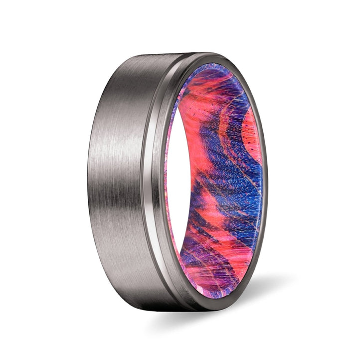 BRIDGES | Blue and Red Wood, Gunmetal Tungsten Offset Groove - Rings - Aydins Jewelry - 2