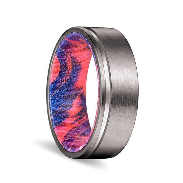 BRIDGES | Blue and Red Wood, Gunmetal Tungsten Offset Groove - Rings - Aydins Jewelry - 1