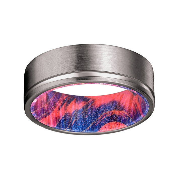BRIDGES | Blue and Red Wood, Gunmetal Tungsten Offset Groove - Rings - Aydins Jewelry