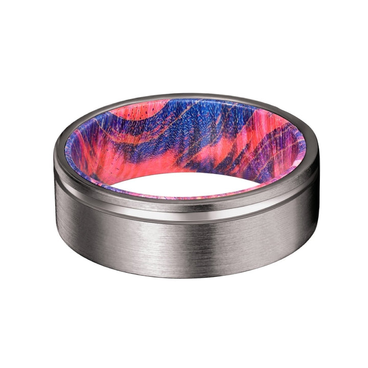 BRIDGES | Blue and Red Wood, Gunmetal Tungsten Offset Groove - Rings - Aydins Jewelry - 3