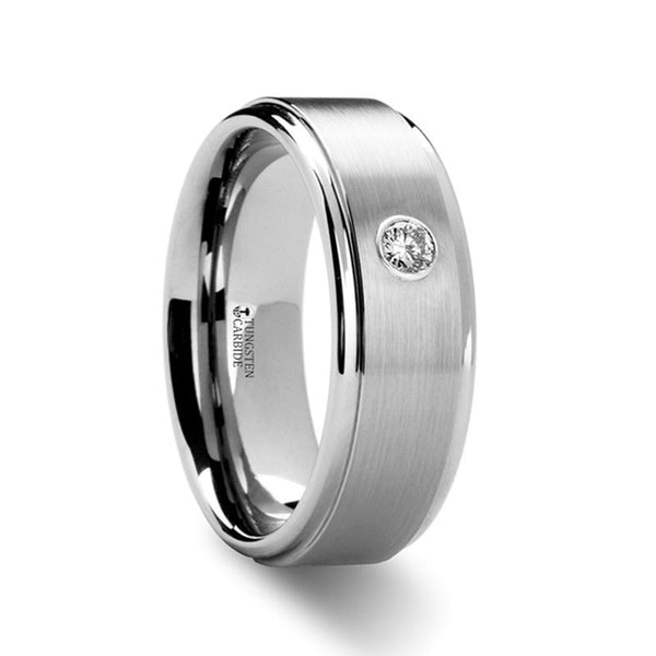 BRIGHTON | Silver Tungsten Ring, Diamond, Stepped Edges - Rings - Aydins Jewelry - 1