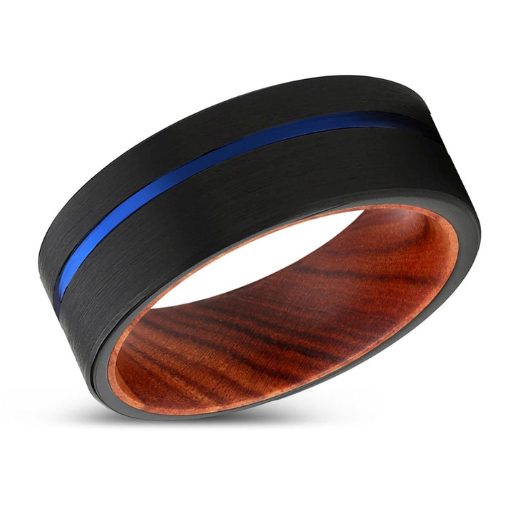 BRONCO | IRON Wood, Black Tungsten Ring, Blue Offset Groove, Flat - Rings - Aydins Jewelry - 2