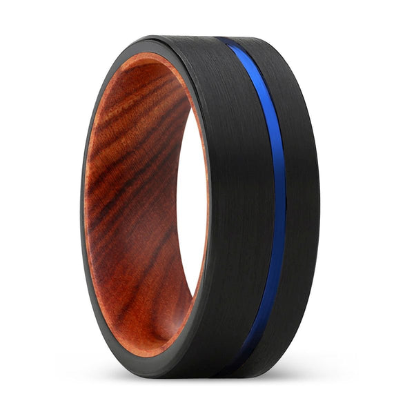 BRONCO | IRON Wood, Black Tungsten Ring, Blue Offset Groove, Flat - Rings - Aydins Jewelry - 1