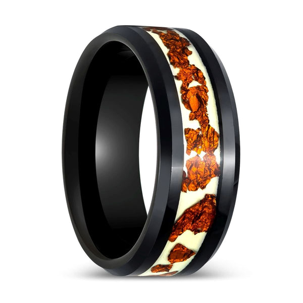 BRONZIUM | Black Tungsten Ring, Copper Scraps Inlay, Beveled - Rings - Aydins Jewelry - 1