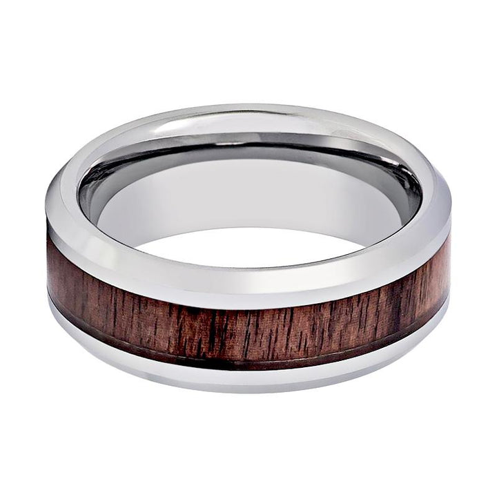 BRUTUS | Silver Tungsten Ring, Mahogany Wood Inlay, Beveled - Rings - Aydins Jewelry - 2