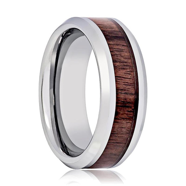 BRUTUS | Silver Tungsten Ring, Mahogany Wood Inlay, Beveled - Rings - Aydins Jewelry - 1