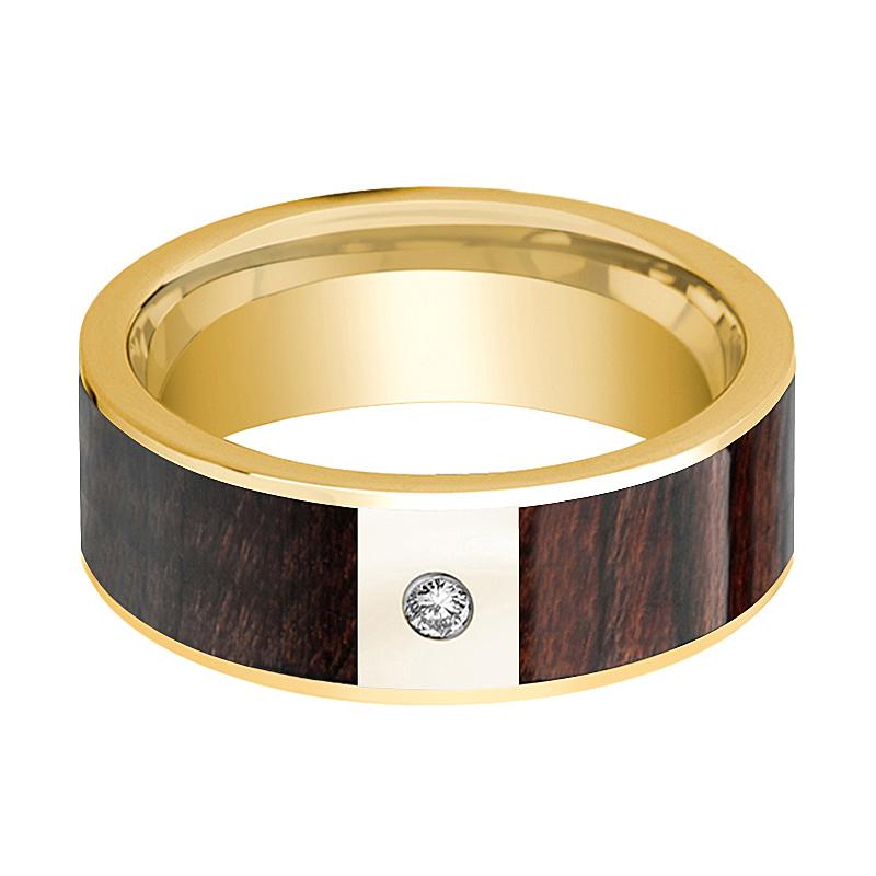Bubinga Wood inlay 14k yellow gold wedding band 8mm with diamond, side profile