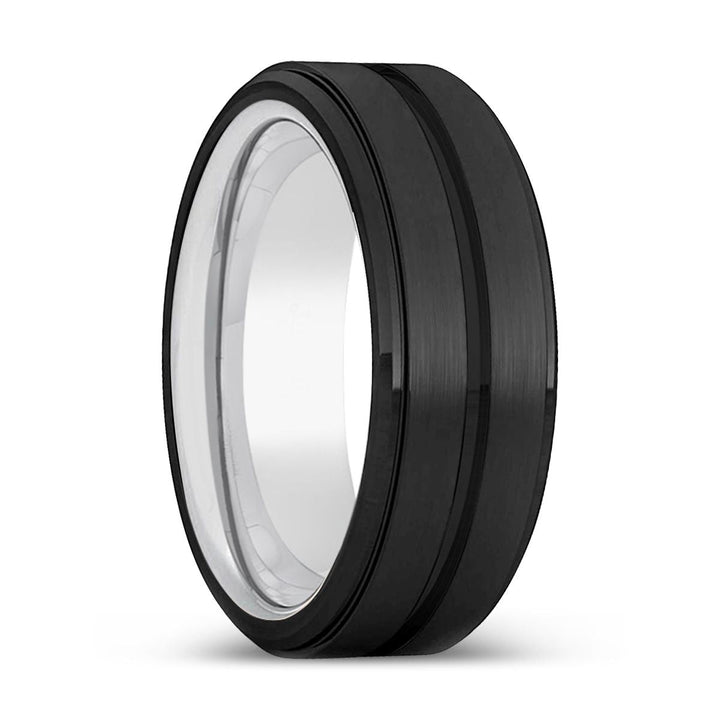 BULLETPROOF | Silver Ring, Black Tungsten Ring, Grooved, Stepped Edge - Rings - Aydins Jewelry