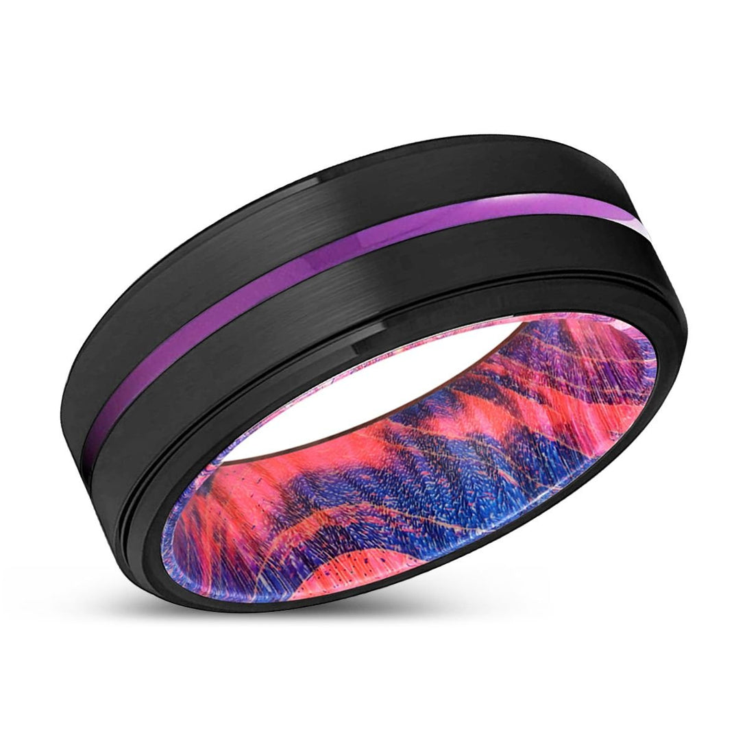 BUNDABERG | Blue & Red Wood, Black Tungsten Ring, Purple Groove, Stepped Edge - Rings - Aydins Jewelry - 2