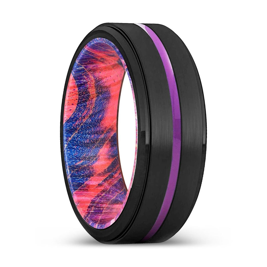 BUNDABERG | Blue & Red Wood, Black Tungsten Ring, Purple Groove, Stepped Edge - Rings - Aydins Jewelry - 1