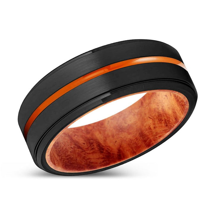 BURNABY | Red Burl Wood, Black Tungsten Ring, Orange Groove, Stepped Edge - Rings - Aydins Jewelry - 2