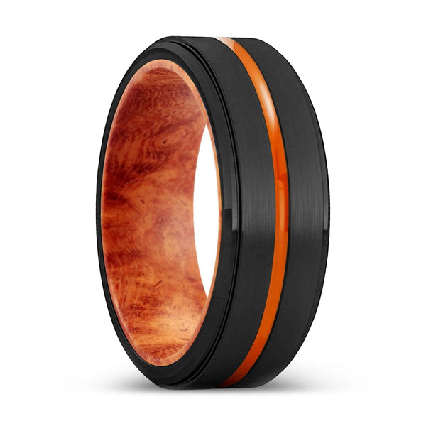 BURNABY | Red Burl Wood, Black Tungsten Ring, Orange Groove, Stepped Edge - Rings - Aydins Jewelry