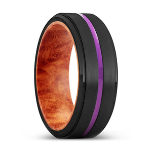 BURNIE | Red Burl Wood, Black Tungsten Ring, Purple Groove, Stepped Edge - Rings - Aydins Jewelry - 1