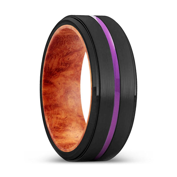BURNIE | Red Burl Wood, Black Tungsten Ring, Purple Groove, Stepped Edge - Rings - Aydins Jewelry - 1