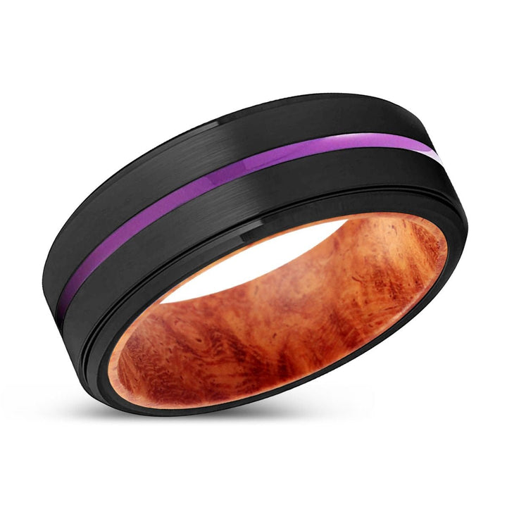 BURNIE | Red Burl Wood, Black Tungsten Ring, Purple Groove, Stepped Edge - Rings - Aydins Jewelry - 2