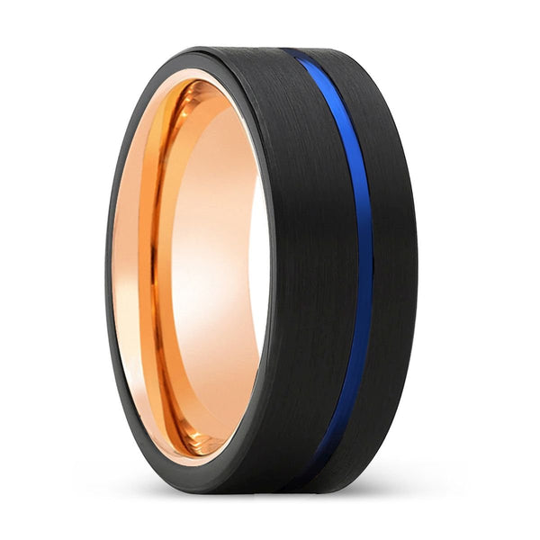 BURNOUT | Rose Gold Ring, Black Tungsten Ring, Blue Offset Groove, Flat - Rings - Aydins Jewelry - 1